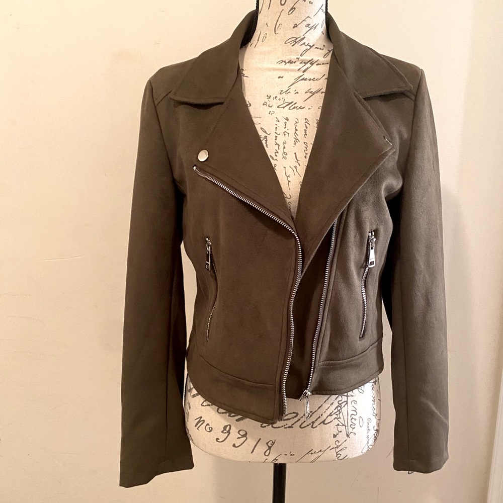 Faux Suede Moto Jacket | Olive | Size S